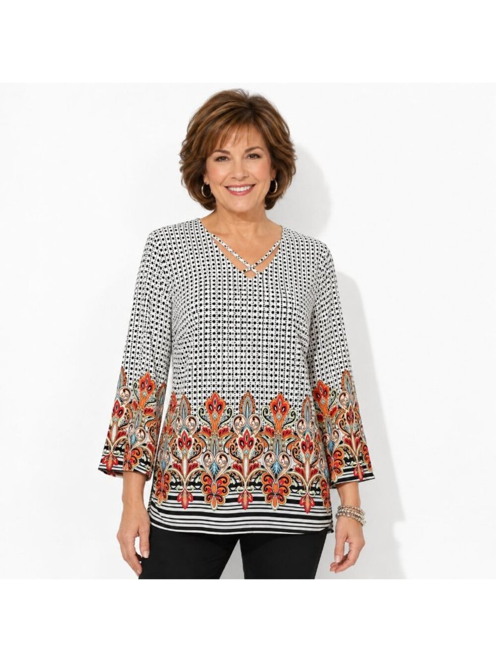 Chico’s Size 0 (S/4) Black White Polka Dot Tunic Top Floral Border V-Neck
